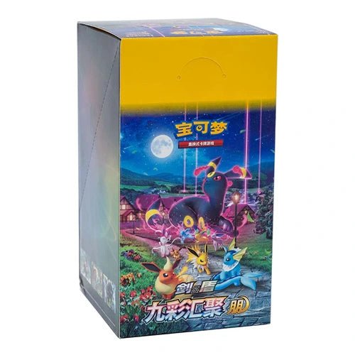 Pokémon CS4aC Nine Colors Gathering Slim Boosterbox – Chinese variant van Evolving Skies en Eevee Heroes. Bevat 24 boosterpacks met kans op Eeveelutions, Secret Rares, Alternate Art kaarten en de gewilde 'Moonbreon' (Umbreon VMAX Alternate Art).